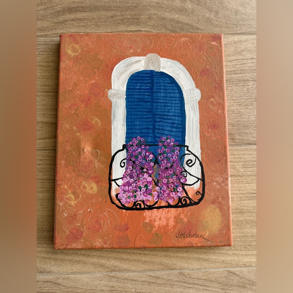 Italian Window Blue Shutters and overflowing petunias on Canvas 14.5”x 12”
